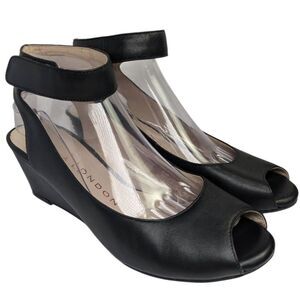 Sacha London Venice Black Leather Peep Toe Wedge Ankle Wrap Heel Womens 9